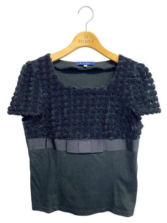 エムズグレイシー 125105 Tシャツ カットソー 38 ブラック ローズチュール リボン 切替 IT5RFX1UT2UT