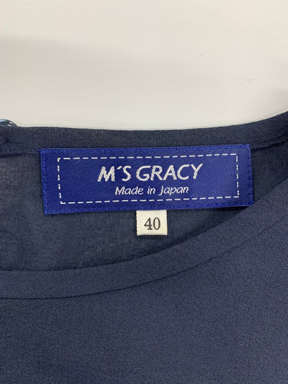エムズグレイシー 011323 ワンピース 40 ネイビー ウエストギャザー 袖リボン ITTXKQPG3T6O