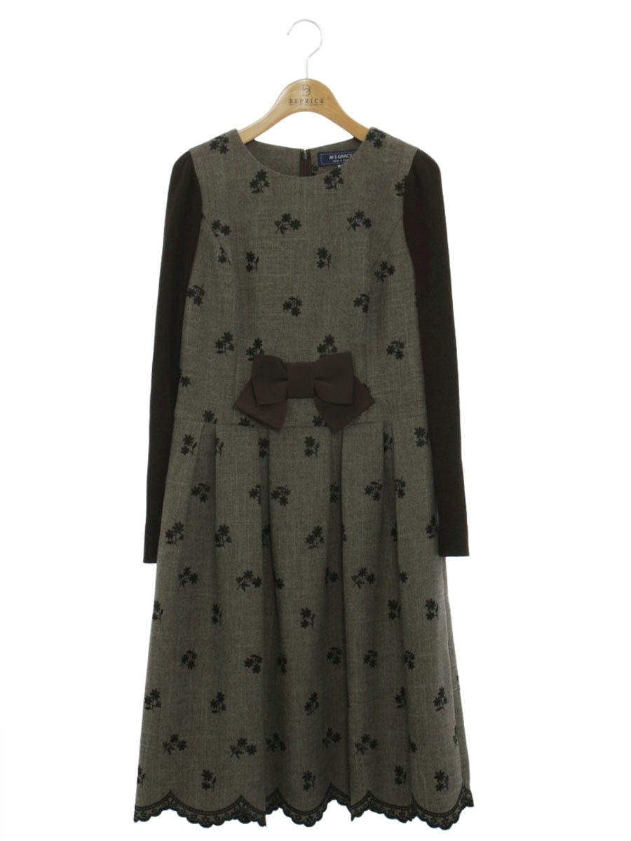 エムズグレイシー 111604 ワンピース 38 ブラウン 袖ニット 切替 フラワーモチーフ リボン ITQV4QAHG2A6
