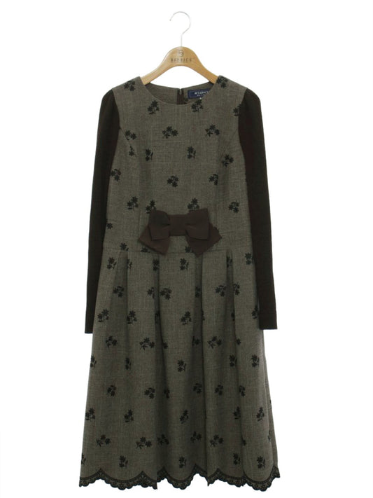 エムズグレイシー 111604 ワンピース 38 ブラウン 袖ニット 切替 フラワーモチーフ リボン ITQV4QAHG2A6