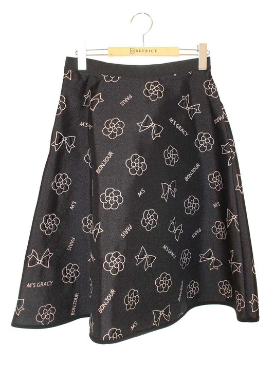 エムズグレイシー 017503 スカート 40 ブラック カメリア リボンモチーフ フレア IT4N2NLELZ9W