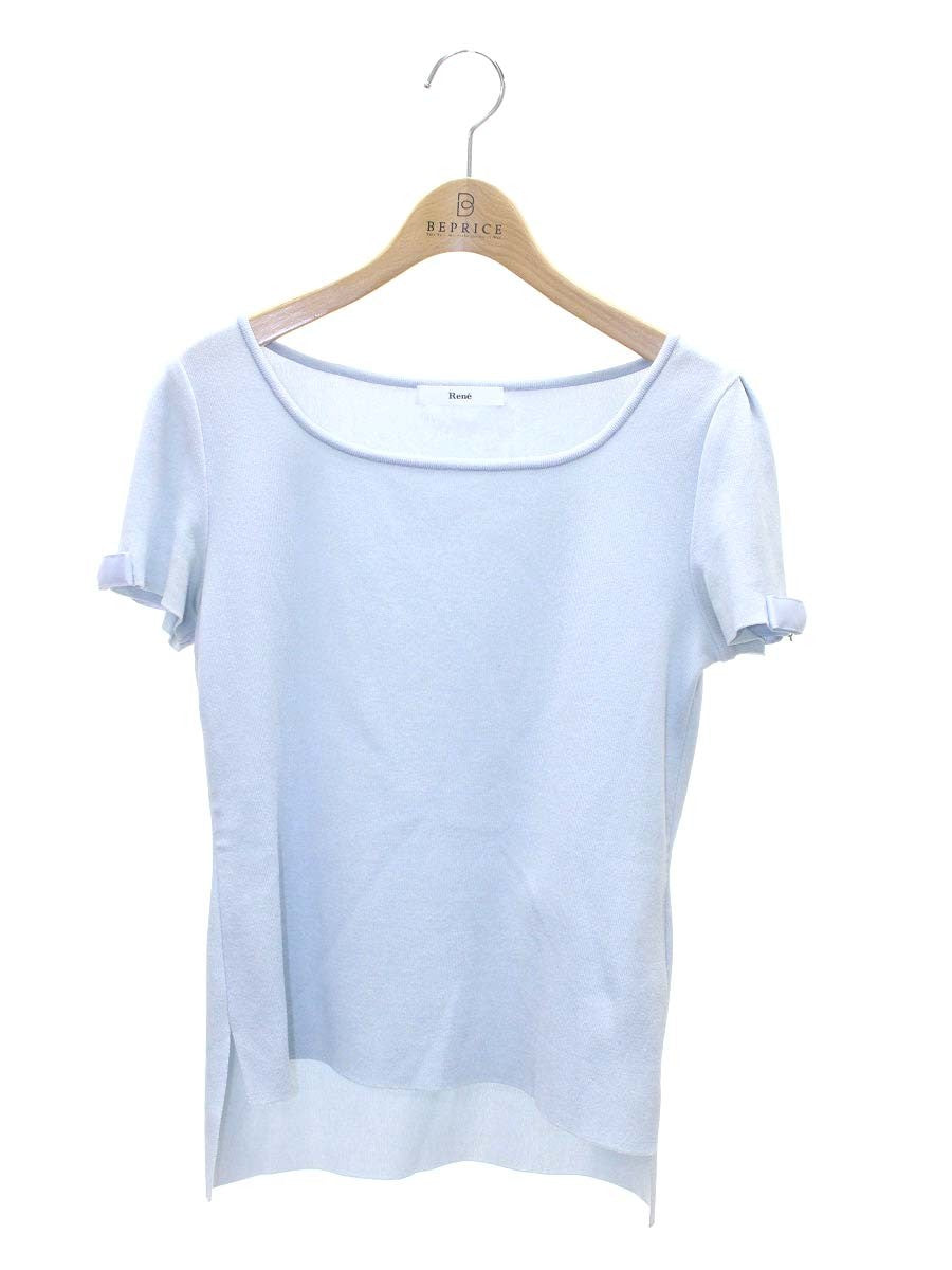 ルネ 6712070 ニット 36 ブルー 袖リボン ロゴ スクエアネック ITCVH0U2MRL4