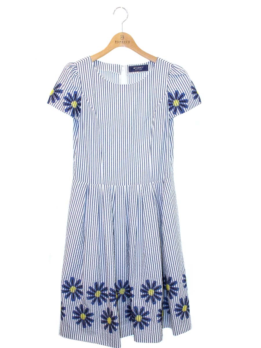 エムズグレイシー Margaret Motif Dress 811339 ワンピース 38 ブルー ストライプ 花柄 ITECGS9M9HYC