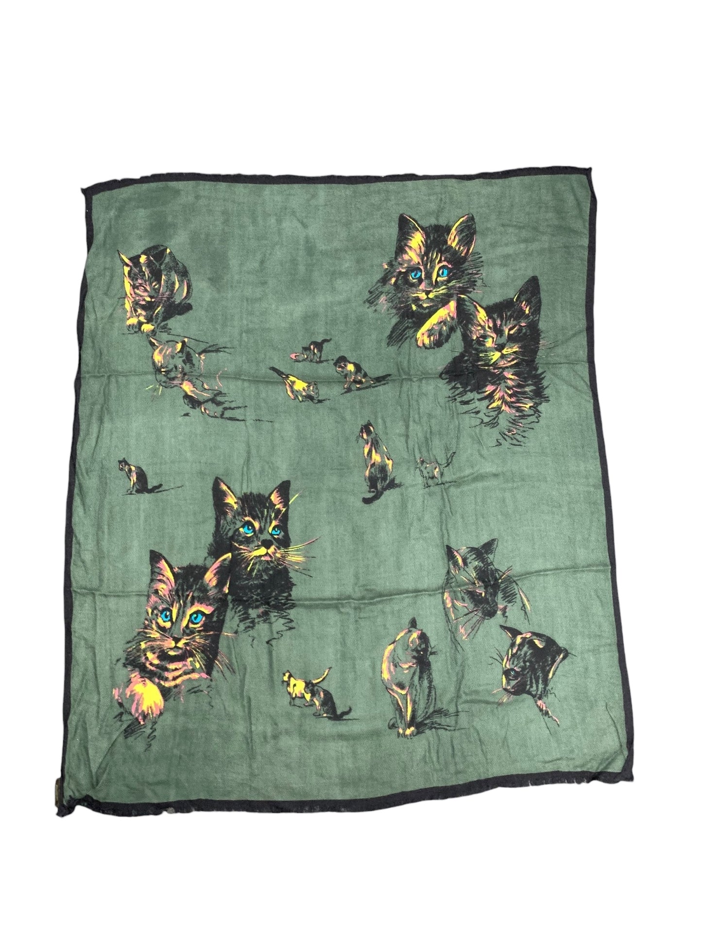 マニプリ スカーフ グリーン マルチカラー 猫 アニマル柄 シルク IT2R32YNKBUS