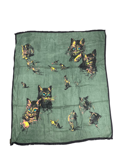 マニプリ スカーフ グリーン マルチカラー 猫 アニマル柄 シルク IT2R32YNKBUS