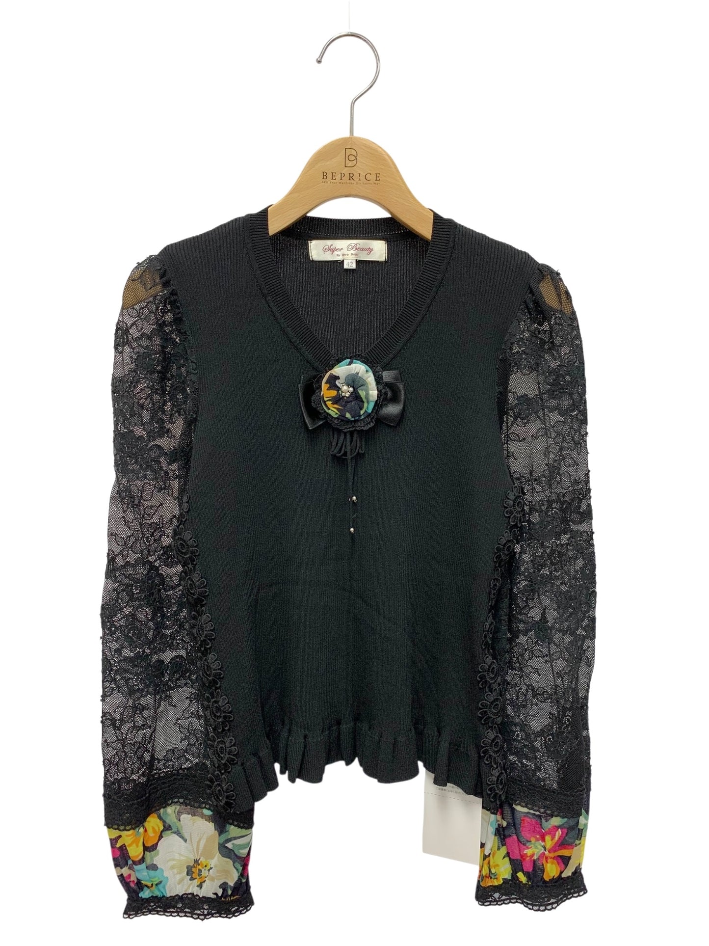 スーパービューティー ニット 42 ブラック Vネック 袖レース 切替 ITHS13JPVDRE 【SALE】