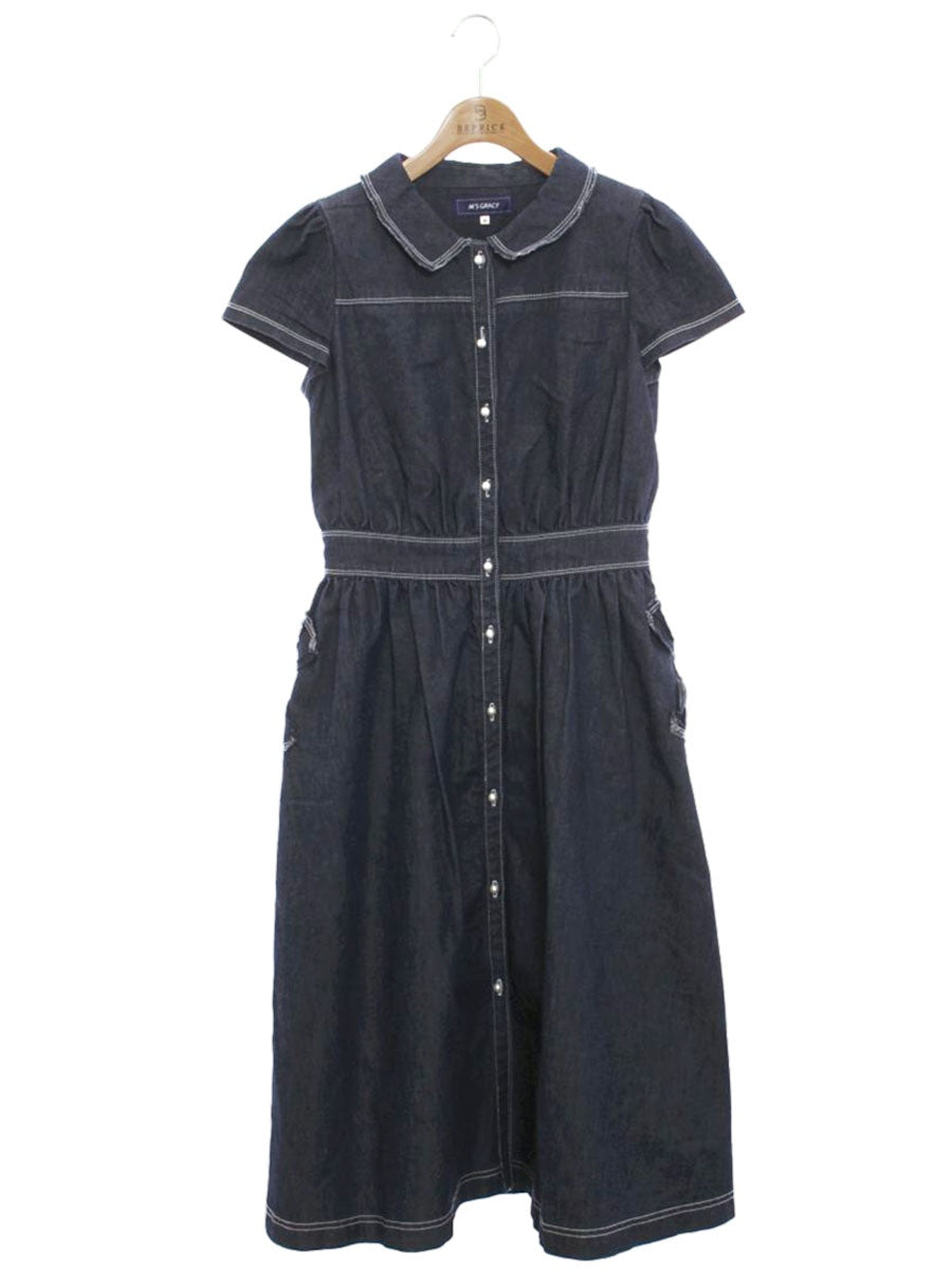 エムズグレイシー パールボタンデニム 211329 ワンピース 40 ネイビー フロントボタン ITVPN78F8VHW