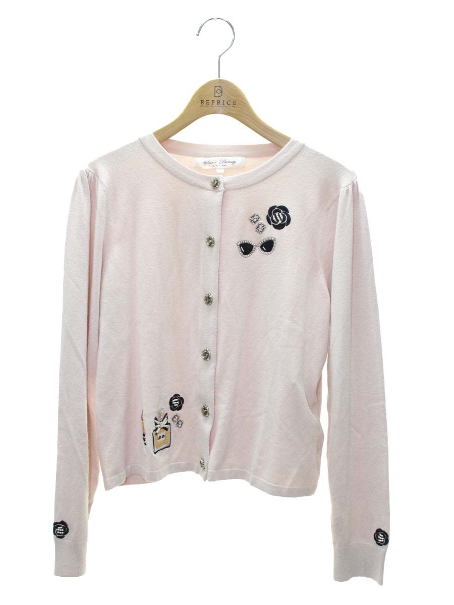スーパービューティー カーディガン 44 ピンク ニット 口紅 香水刺繍 コサージュ IT5O534SR153