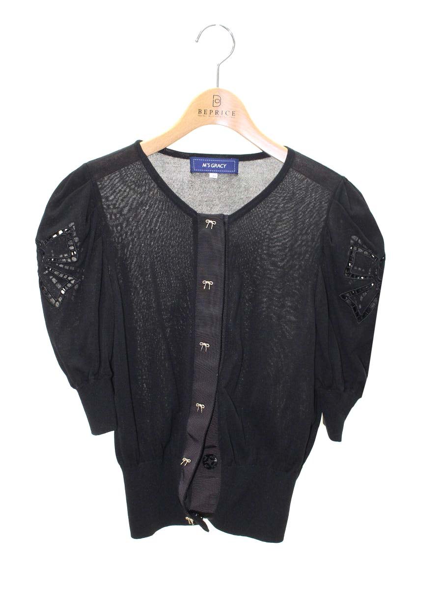 エムズグレイシー リボン刺繍入り半袖カーディガン 218327 38 ブラック ITJE0UNLFCDC