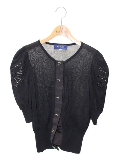 エムズグレイシー リボン刺繍入り半袖カーディガン 218327 38 ブラック ITJE0UNLFCDC