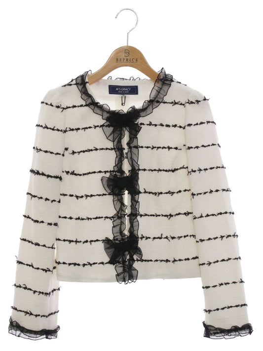 エムズグレイシー 014101 ジャケット 36 ホワイト リボン ボーダー ITO83OQ7FEKG