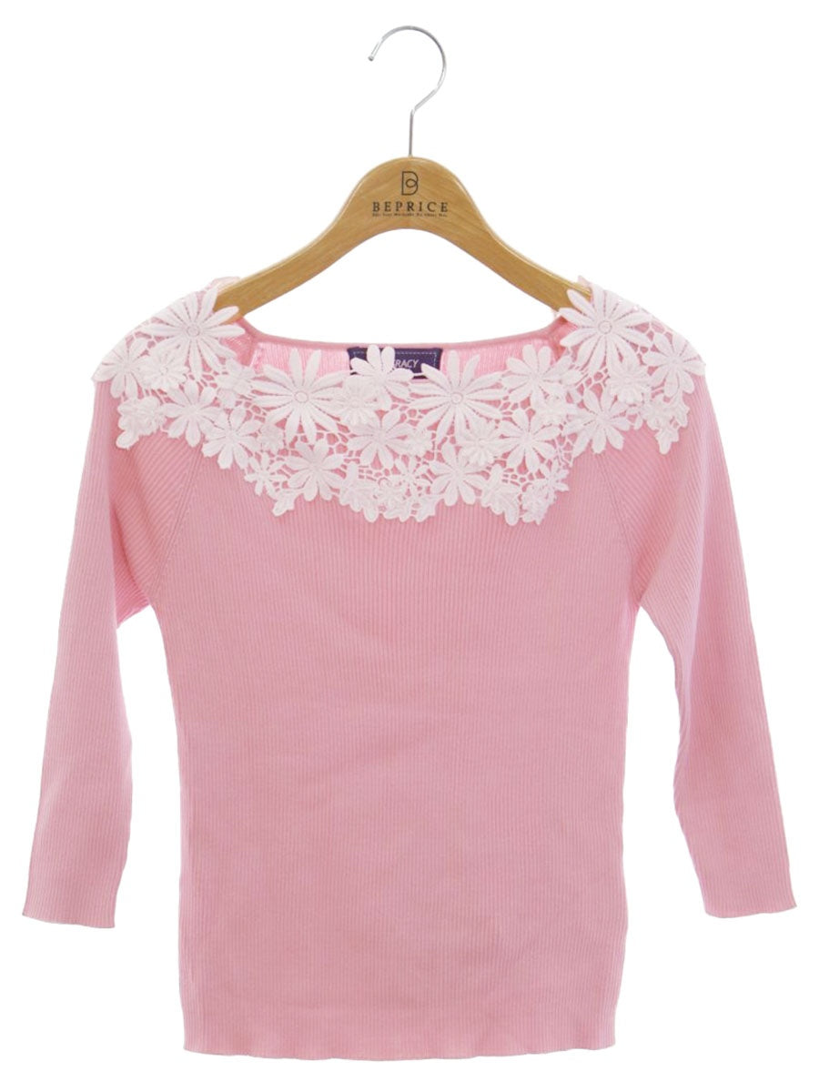 エムズグレイシー 018315 ニットセーター 38 ピンク フラワーレース リブニット ITROJKHICP3W