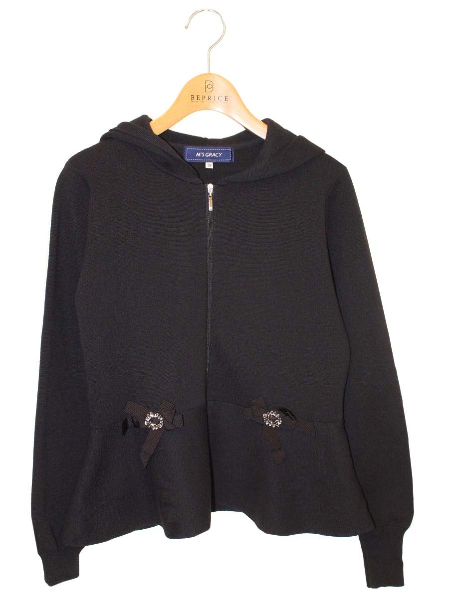 エムズグレイシー Hooded Cardigan 918143 パーカー 38 ブラック ジップアップ リボンモチーフ ITFMMASZRHYQ