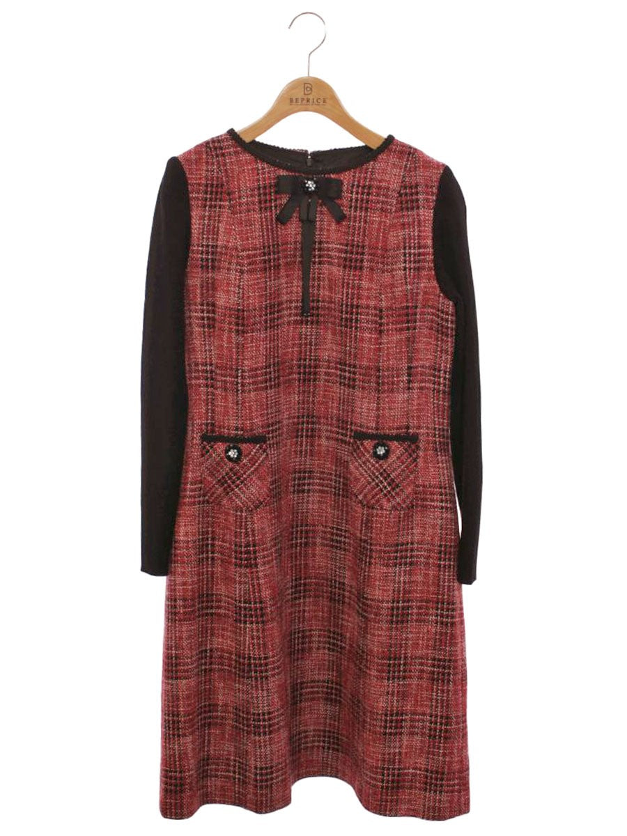 スーパービューティー ワンピース 42 レッド チェック柄 ビジュー リボン 袖ニット IT40FXXAAKU4 【SALE】