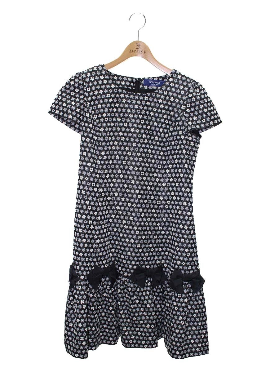 エムズグレイシー 721514 ワンピース 40 ブラック/ホワイト/グレー フラワーモチーフ リボン ITESL7225LXC