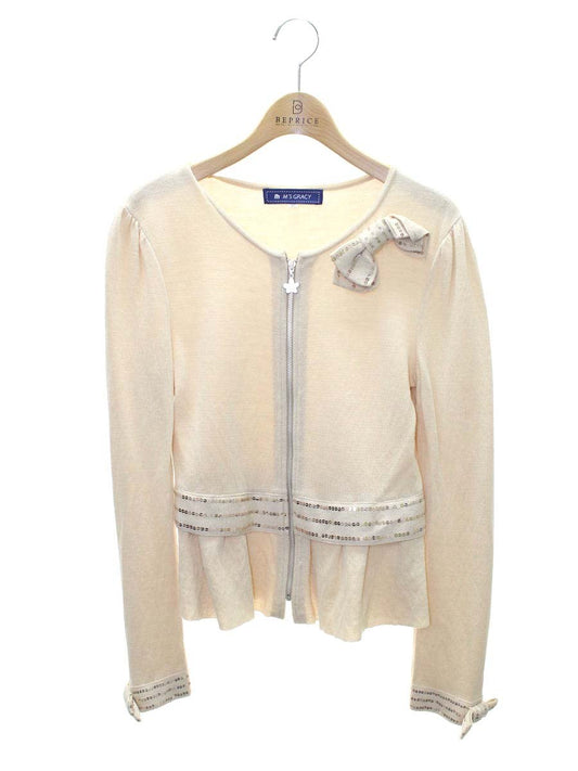 エムズグレイシー 328711 カーディガン 38 ベージュ カメリアジップ スパンコール ITM4SVKQ7H9Y