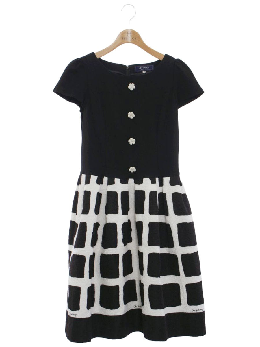 エムズグレイシーリボン柄ワンピース42♥ エムズグレイシー 黒リボン柄ワンピース 42