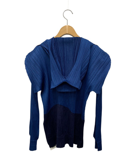 プリーツプリーズイッセイミヤケ PP83-JC692 パーカー 4 ブルー ジップアップ バイカラー フード耳付き ITUXUVB3TPM4