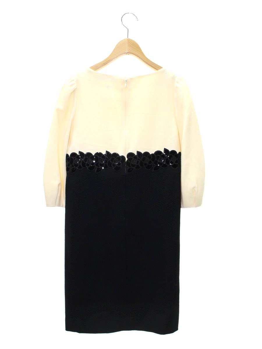 エムズグレイシー 121598 ワンピース 36 アイボリー/ブラック フラワーモチーフ スパンコール 切替 ITC1N9CVC9MU