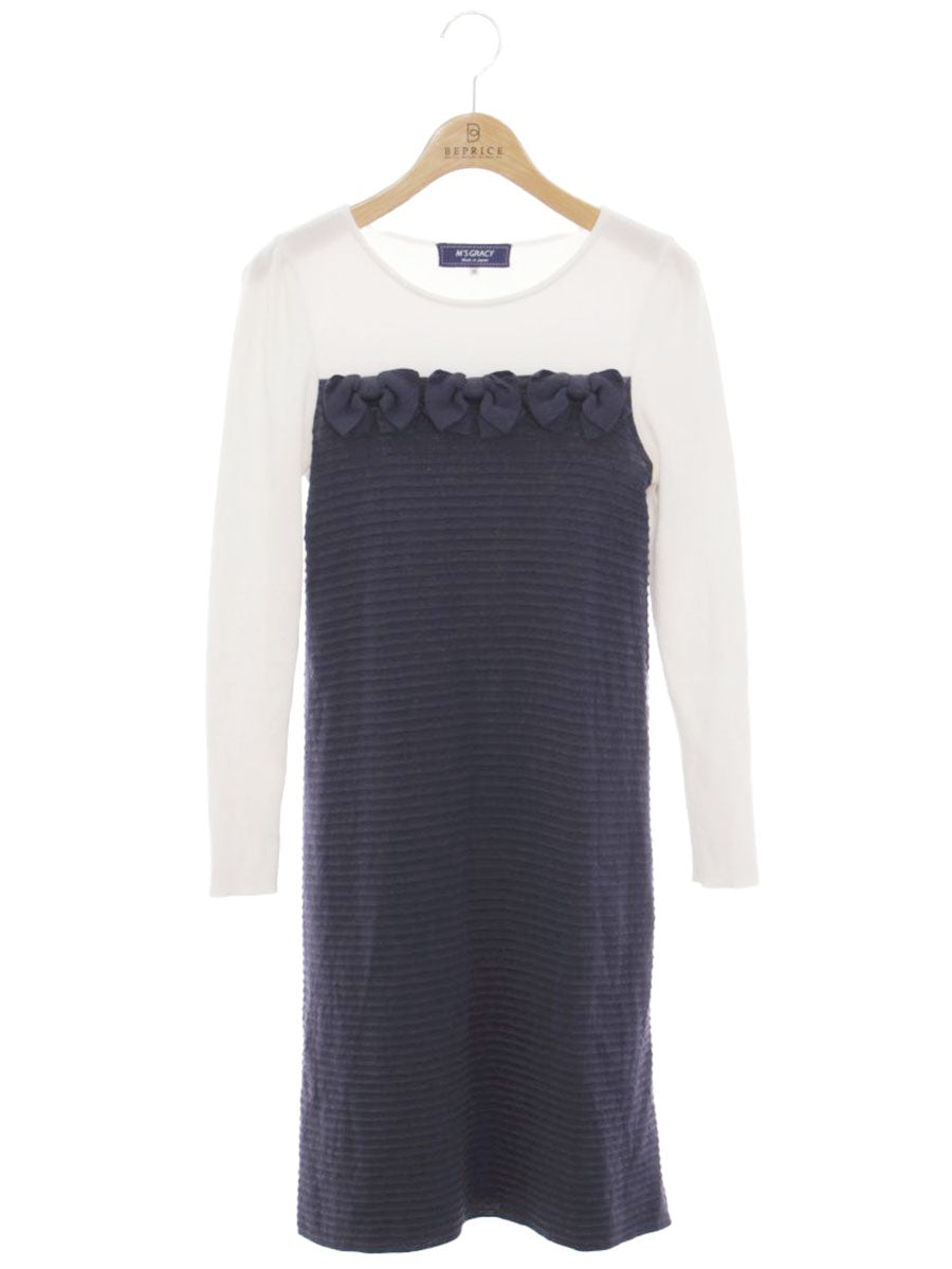 エムズグレイシー 018105 ワンピース 36 ネイビー バイカラー リボン IT4GGR62AVH8