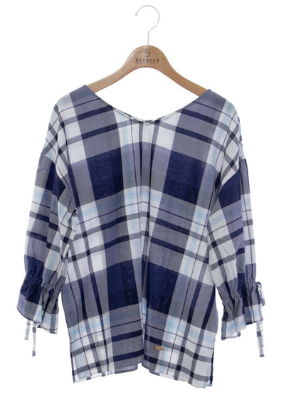 ブルーレーベルクレストブリッジ 55M42-782-29 カットソー 38 ネイビー チェック柄 Vネック パフスリーブ IT1IWVGCOZGW