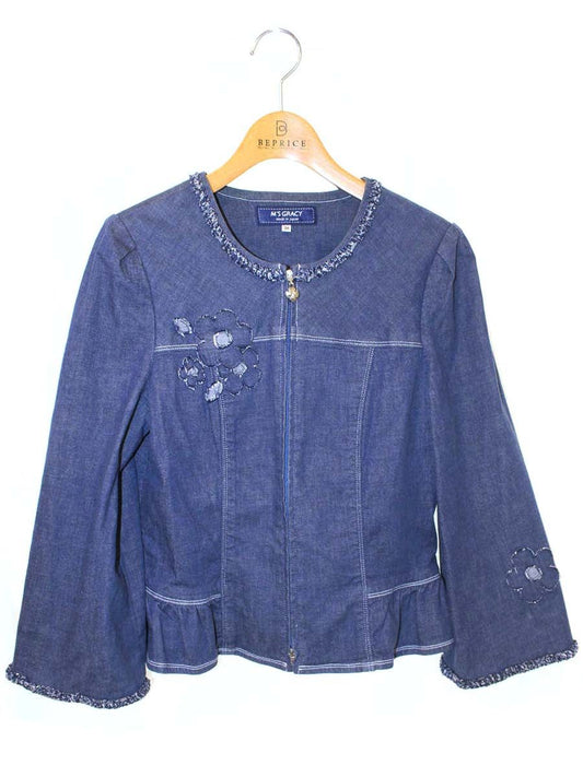 エムズグレイシー 914315 ジャケット 38 ネイビー フラワーモチーフ デニム カメリアジップ IT0YAFEKVKP0