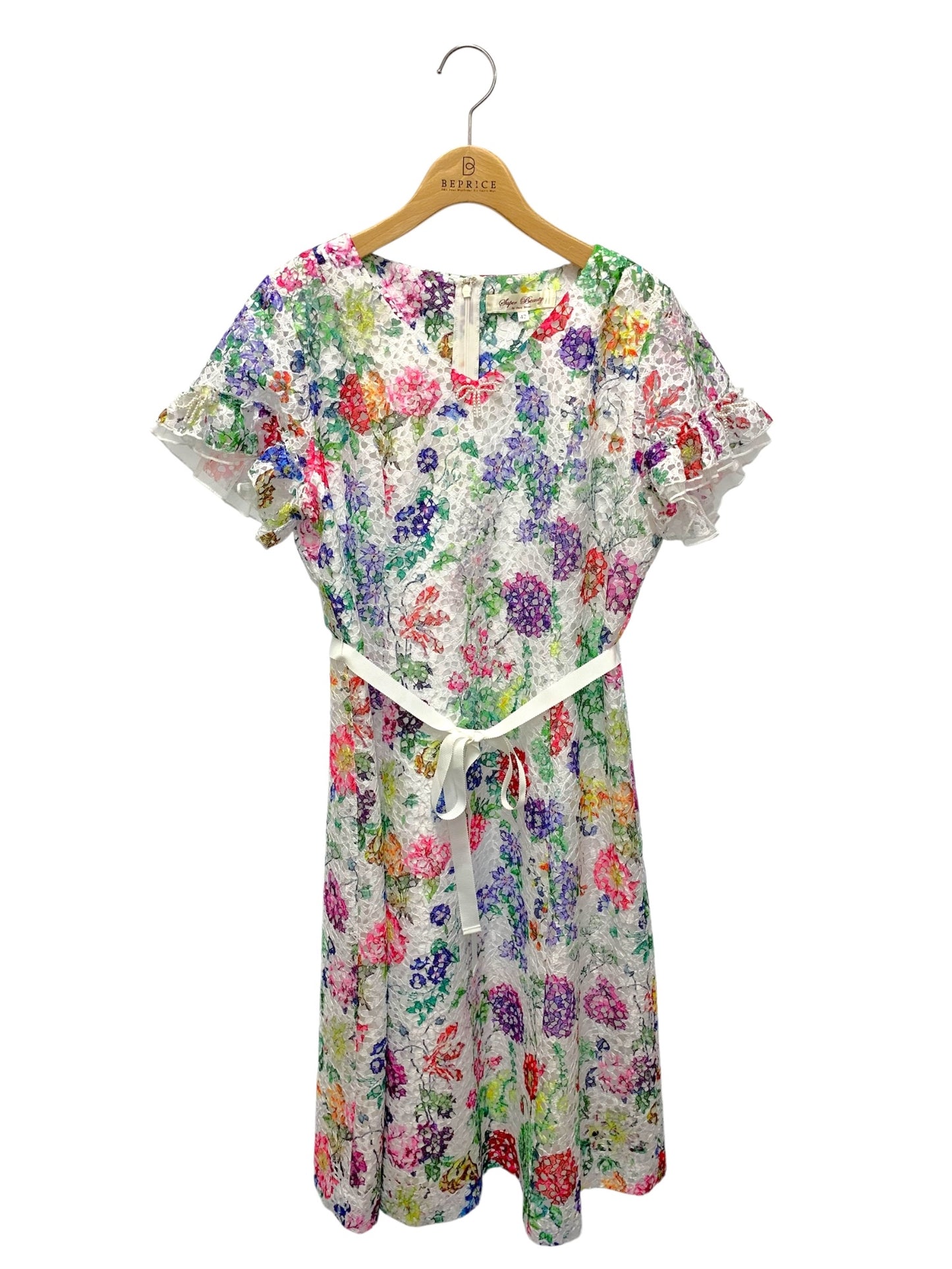 スーパービューティー ワンピース 42 ホワイト 花柄 レース リボンフェイクパール ITFB4A7ELZAV 【SALE】