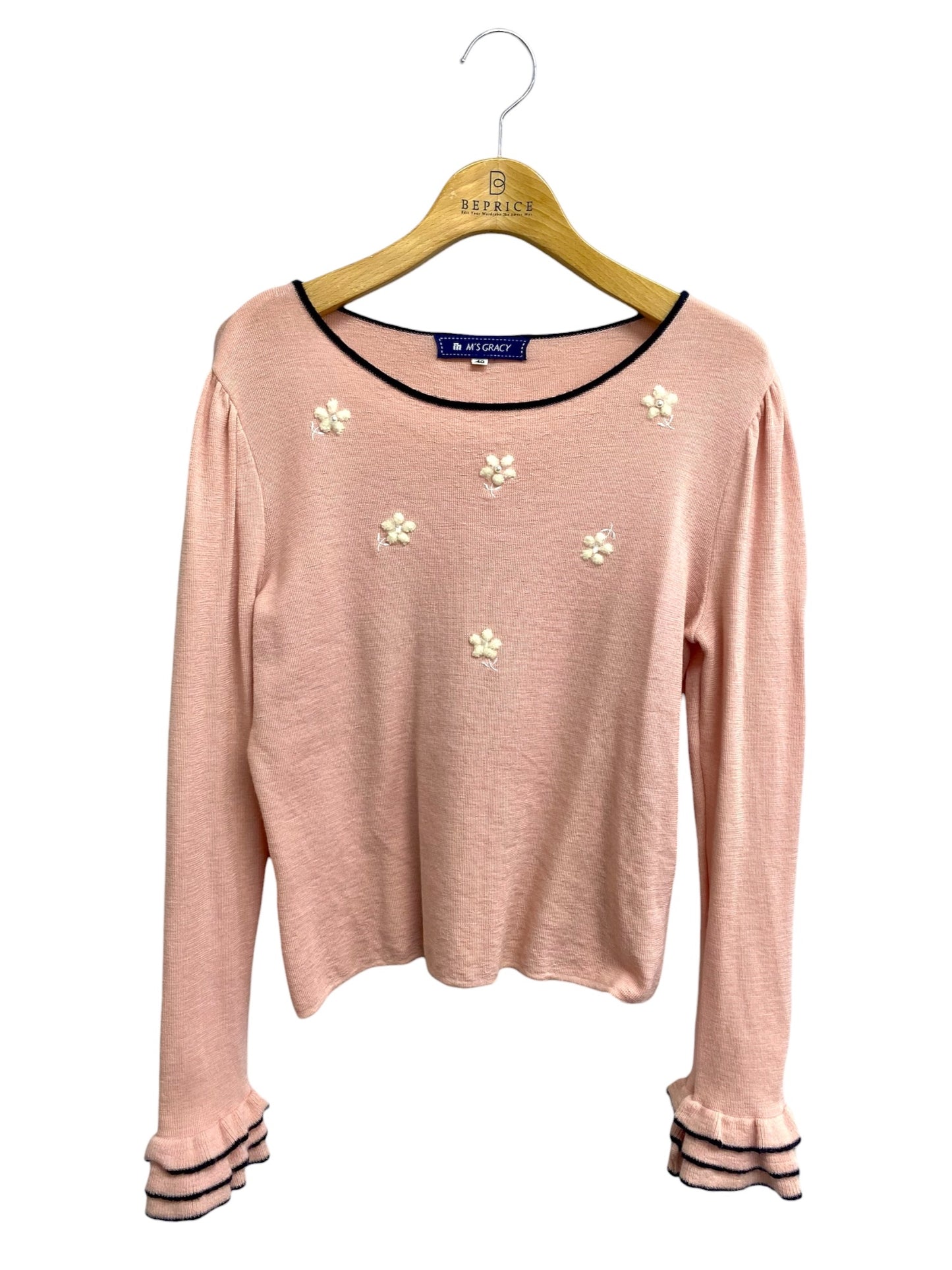 エムズグレイシー 128703 ニット 40 ピンク フラワーモチーフ 袖フリル ITGDFTJUYF40