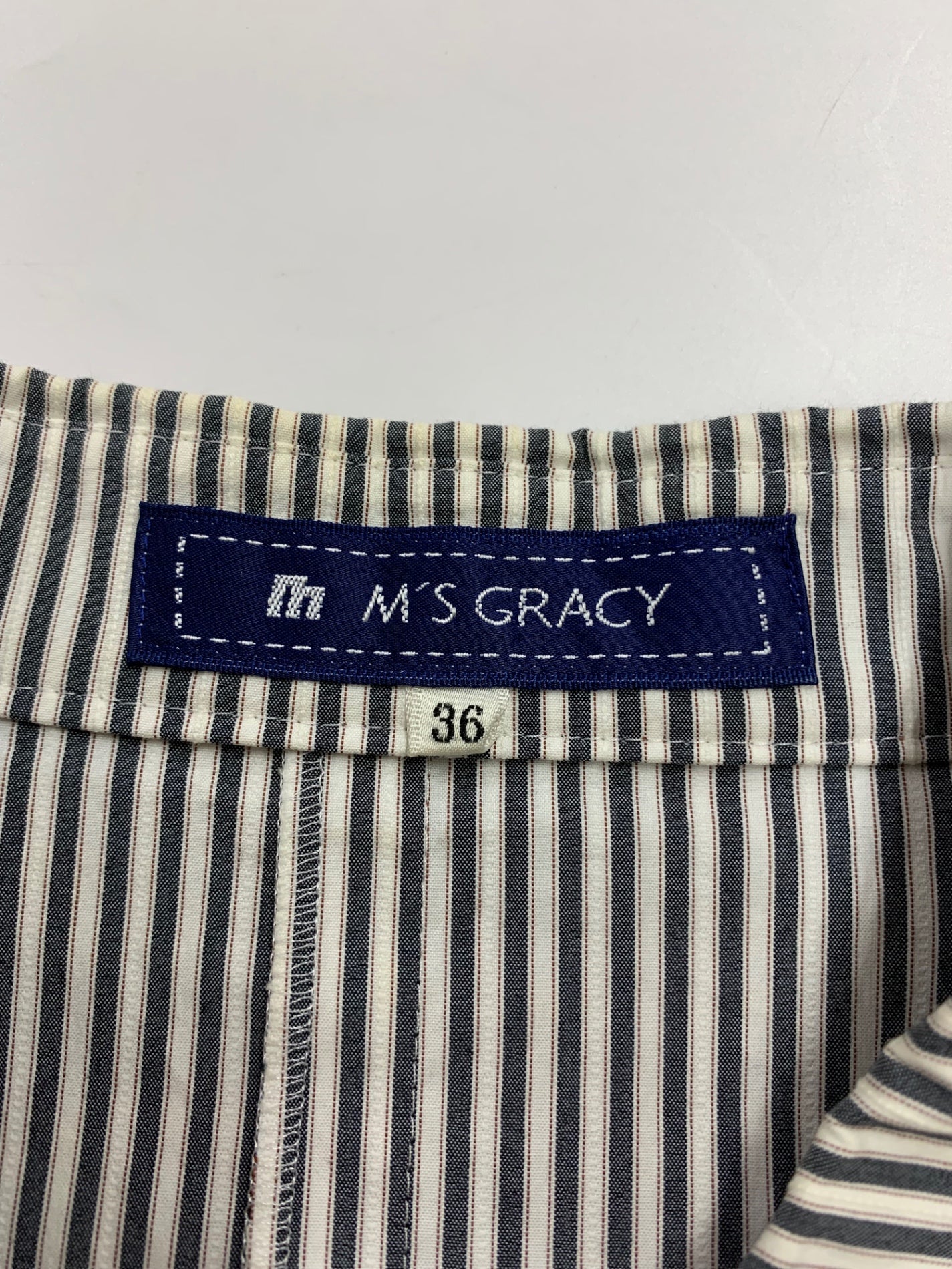 エムズグレイシー 421397 ワンピース 36 グレー 切替 デニム ストライプ フラワーボタン ITNZ3OQ2OG88