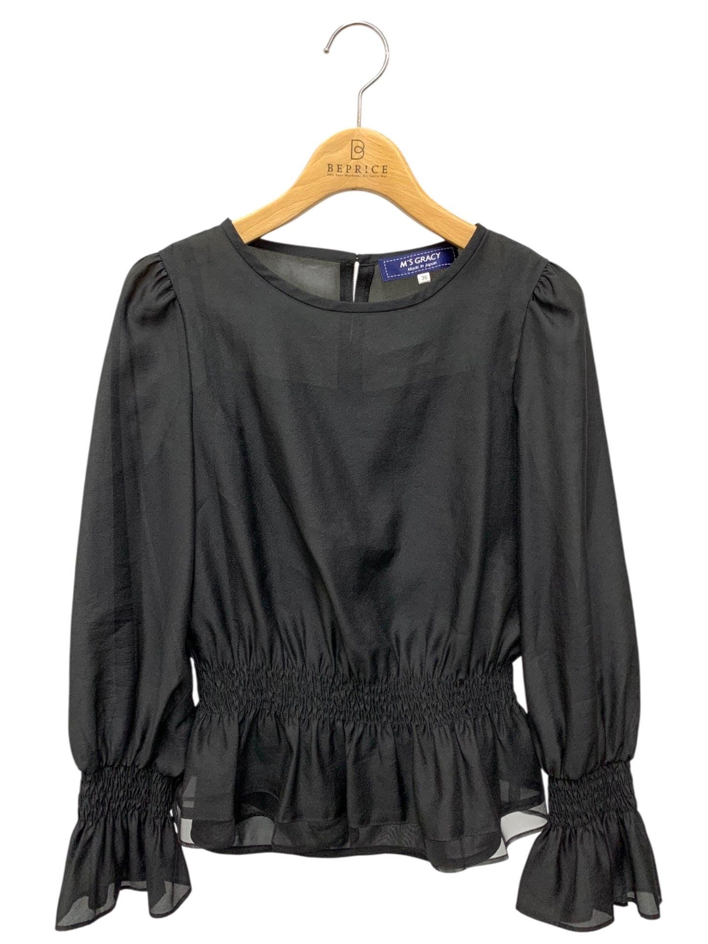 エムズグレイシー 010101 シャツ ブラウス 36 ブラック ギャザー シースルー ITTEUE4OOF5C