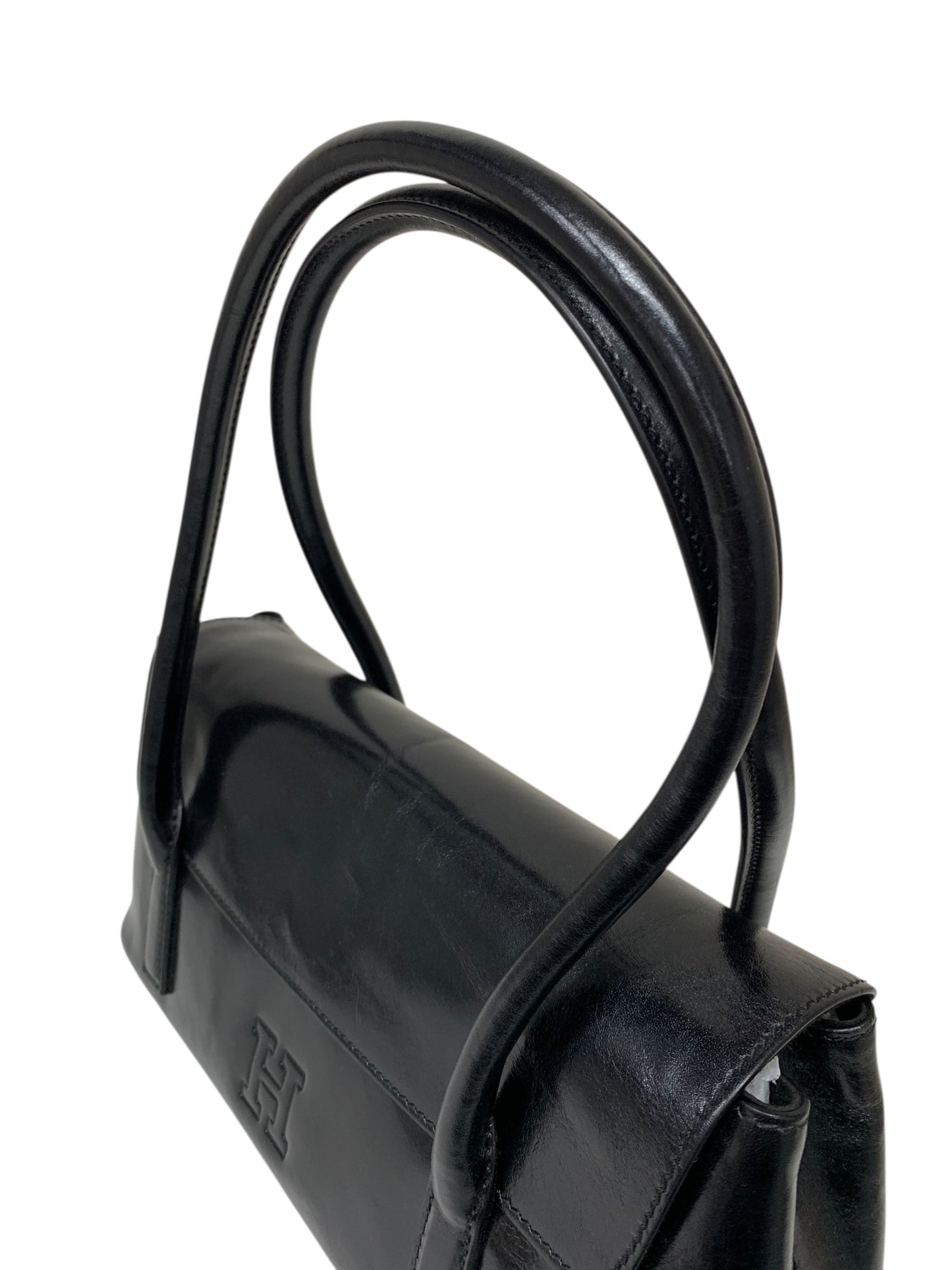 ヒロフ ブラック レザー フラップ ハンドバッグ IT98W0O6NW1X