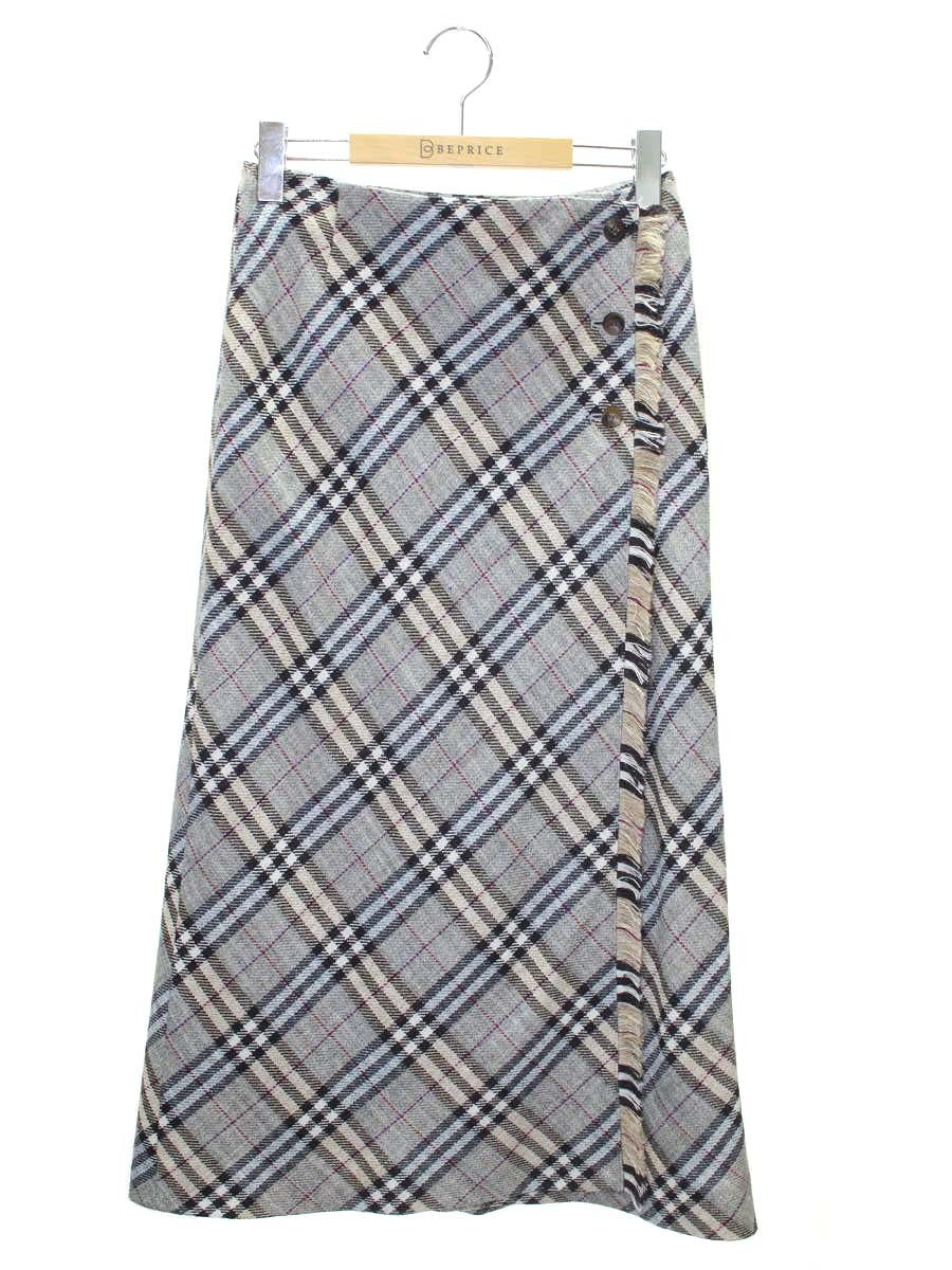 バーバリーロンドン ノバチェック FX042-067 スカート 38 ベージュ/ライトブルー シルク混 フリンジ ITXGK5E397RW
