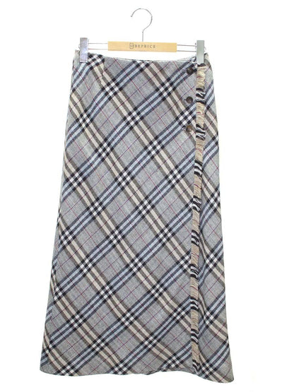 バーバリーロンドン ノバチェック FX042-067 スカート 38 ベージュ/ライトブルー シルク混 フリンジ ITXGK5E397RW