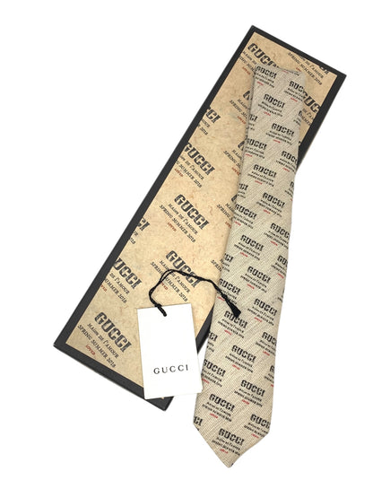 グッチ ベージュ 18SS スタンプロゴ コットンリネン 総柄 ネクタイ 148×7㎝ ITXFL6QSJ3XW