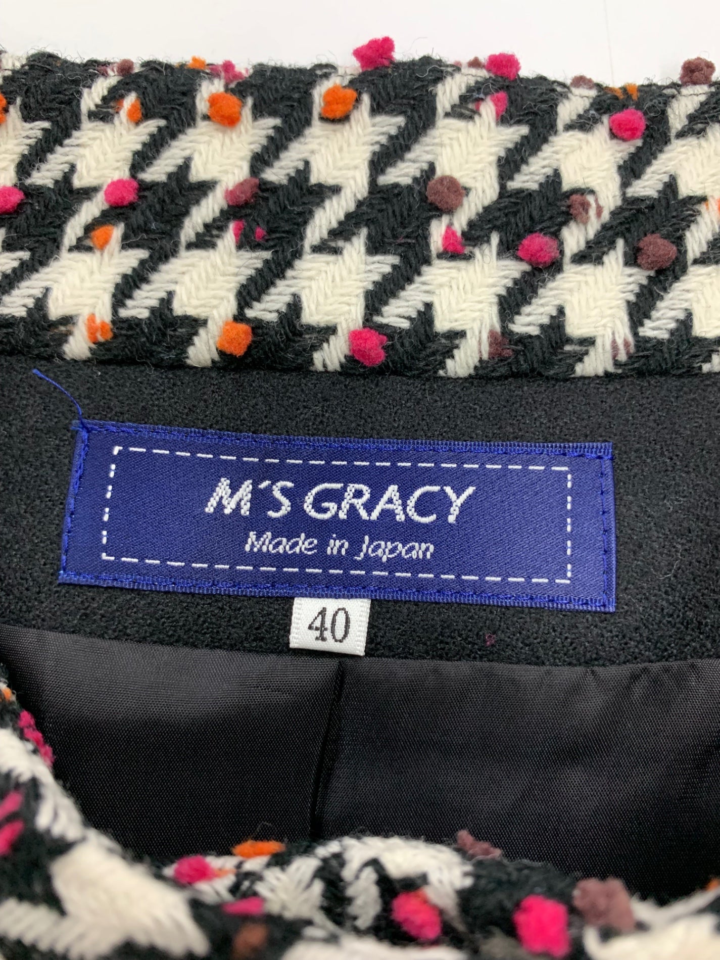 エムズグレイシー 219615 ジャケット 40 ホワイト 千鳥格子柄 リボン ITBB06IN6379