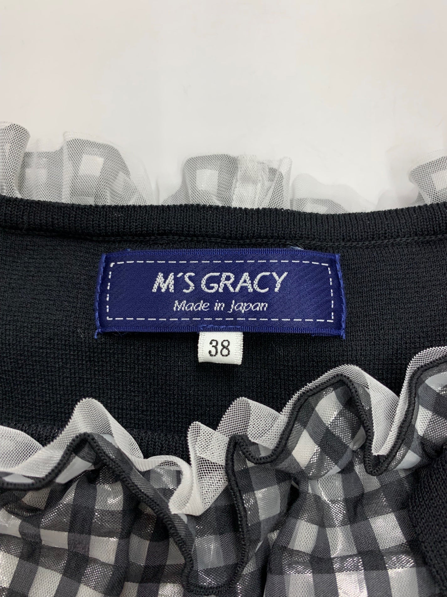 エムズグレイシー 518328 プルオーバー 38 ブラック フリル リボン チェック IT7HKPFP6BDO 【SALE】