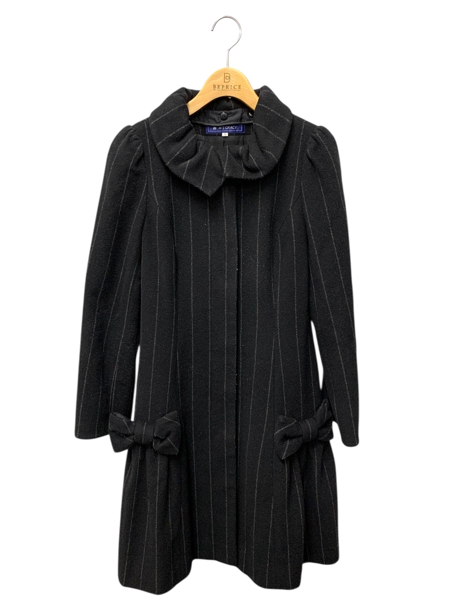 エムズグレイシー 429511 コート 36 ブラック ウール混 ストライプ リボン ITOEYYU7WYNK