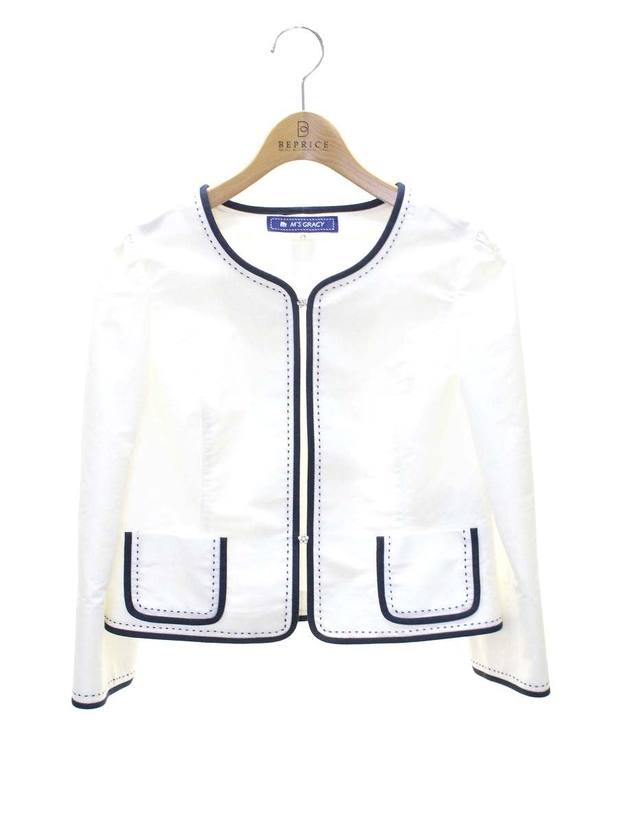 エムズグレイシー 424304 ジャケット 38 ホワイト ノーカラー ステッチ ITFSLGT96KIS