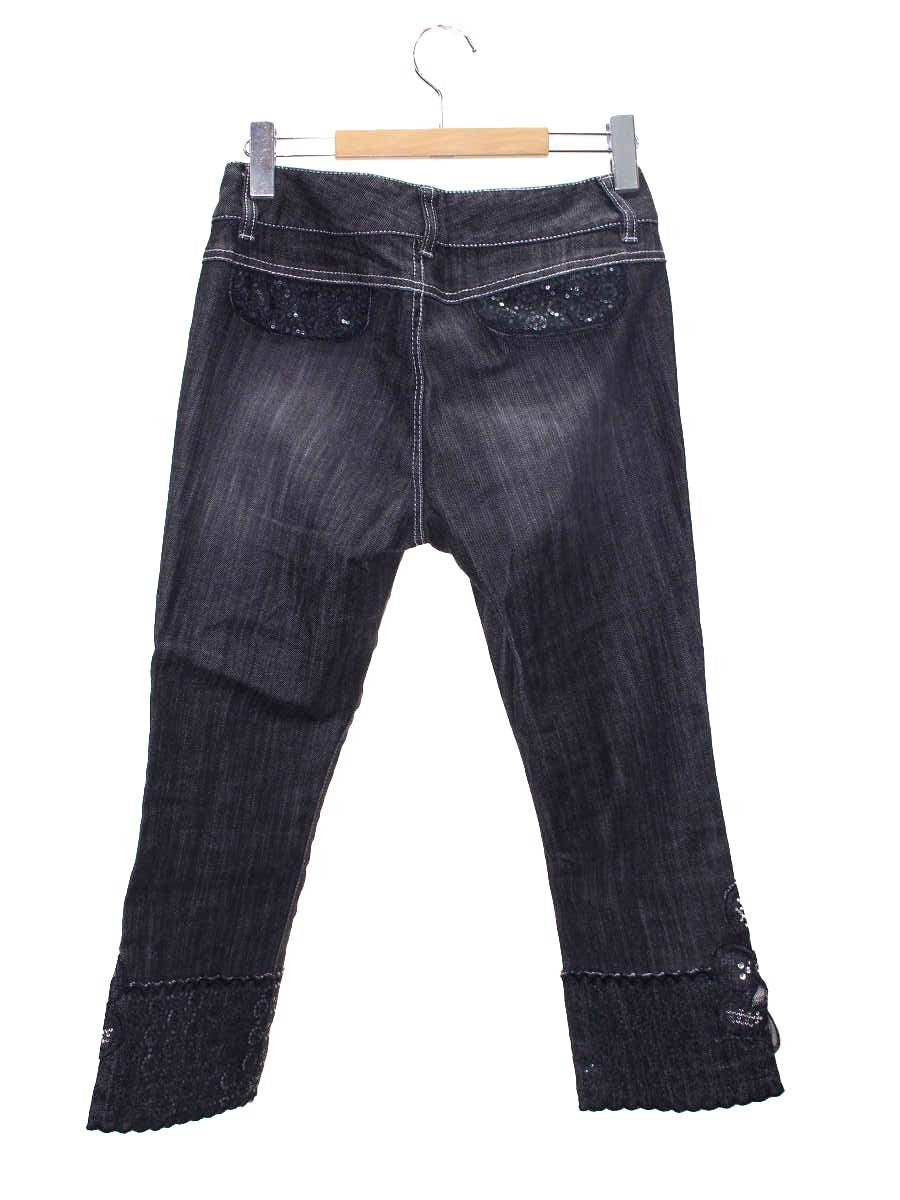 トゥービーシック W5R01-410-09 デニムパンツ 40 ブラック スパンコール フラワー フレア IT7Z9KBWCLJ4