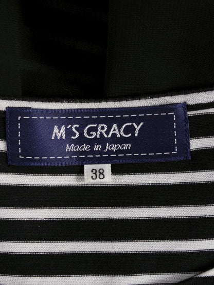 エムズグレイシー 015351 トップス 38 ブラック パール ストライプ リボン ITBXDRQSIZP0