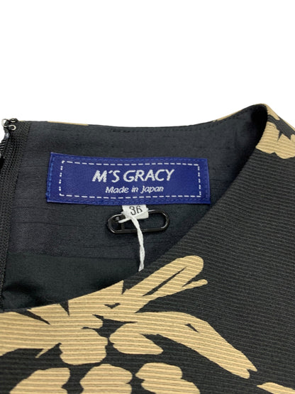 エムズグレイシー 111335 ワンピース 36 ブラック パイナップルモチーフ ウエストリボン IT8RI4CUBE00