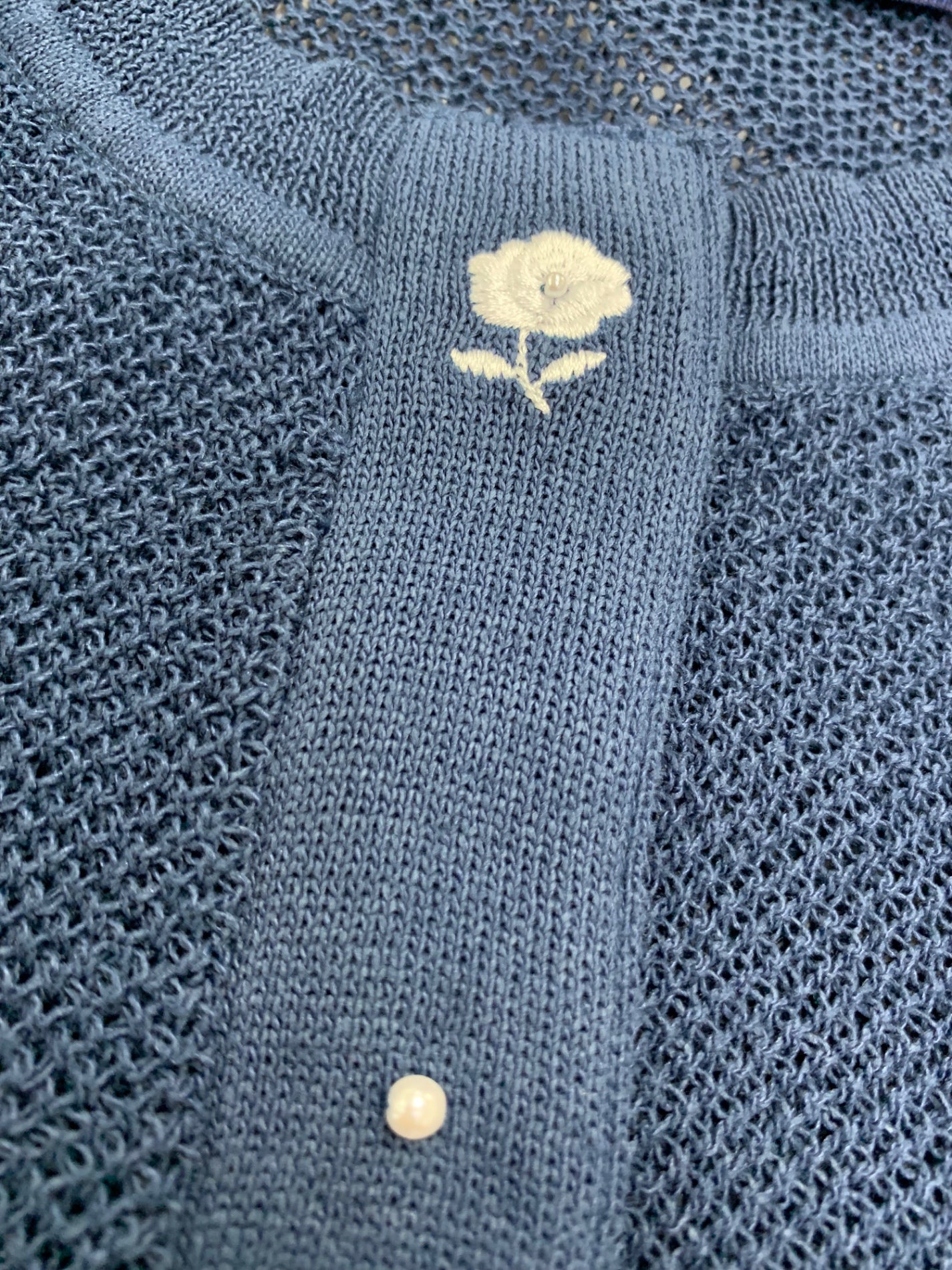 エムズグレイシー 518344 カーディガン 38 ネイビー メッシュ パール 花 刺繍 フリル ITAGMS3QTSOW