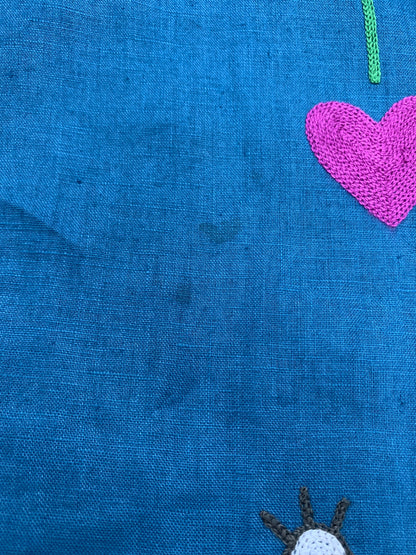 アルベロベロ 615136 ワンピース ブルー 麻 ブタ ウサギ フラワー 刺繍 IT9VM5WNMYAE