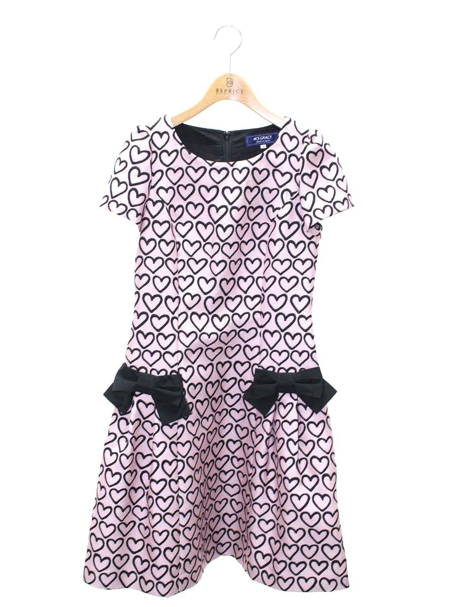 エムズグレイシー 811503 ワンピース 38 ピンク ハートモチーフ リボン タックフレア ITBQK4E54BM1