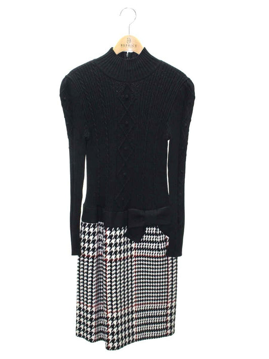 エムズグレイシー 721558 ワンピース 40 ブラック ニット 切替 千鳥格子柄 ITQQ3KJXTF07