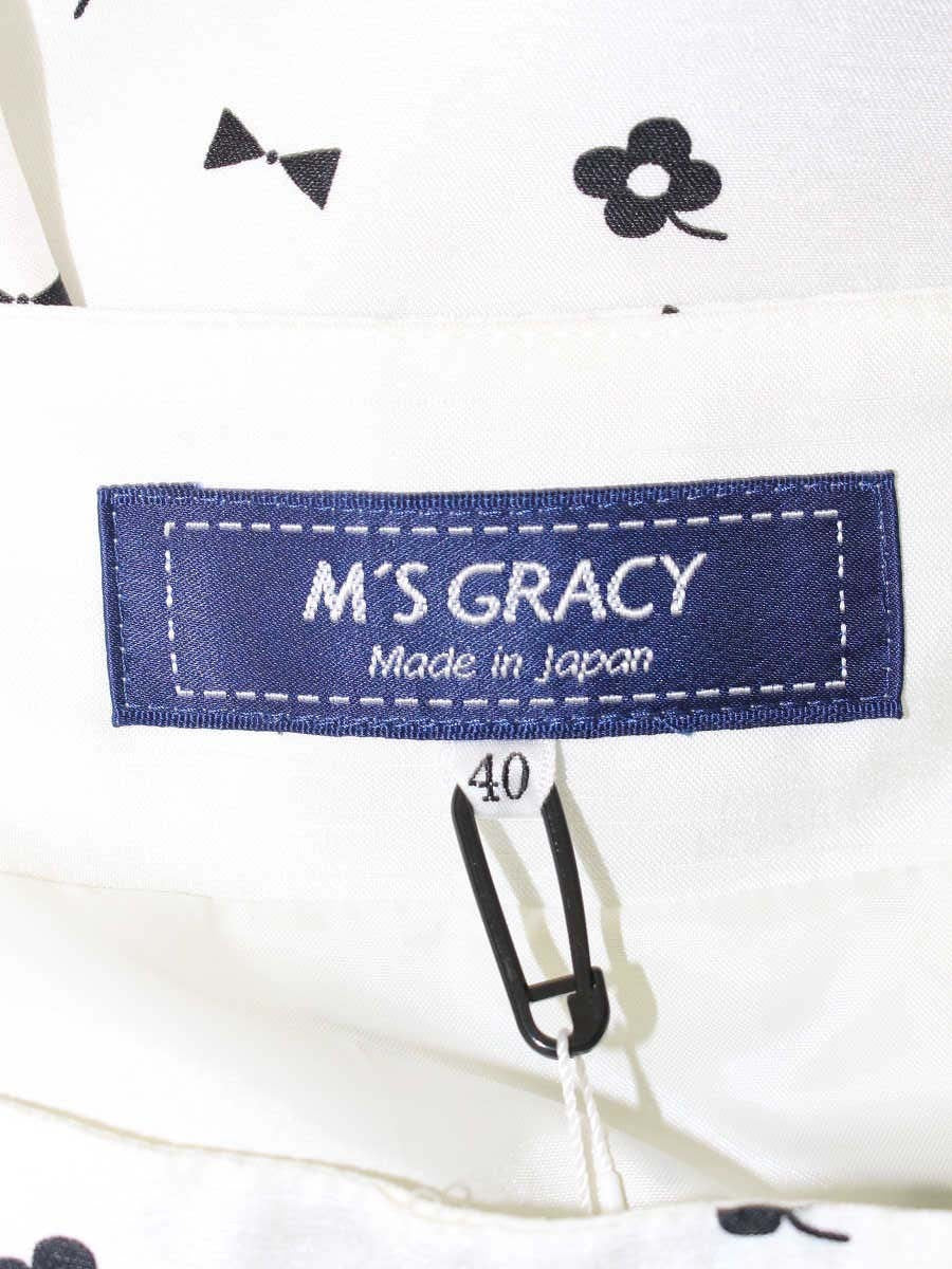 エムズグレイシー 417101 スカート 40 ホワイト フラワー リボンモチーフ タックフレア ITJGZN4NYHCS