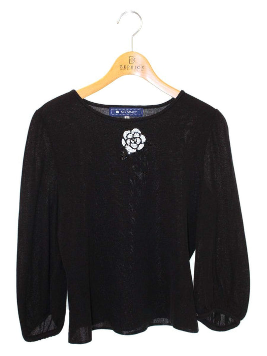 エムズグレイシー 728111 Tシャツ カットソー 40 ブラック フラワーモチーフ スパンコール ITW5V5CHL9F4