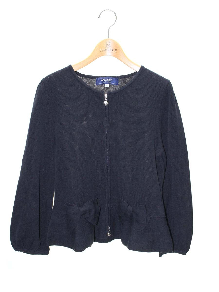 エムズグレイシー 2段フリル襟 胸元リボン フラワーパール刺繍カーディガンニット エムズグレイシー 2段フリル襟 胸元リボン フラワーパール刺繍