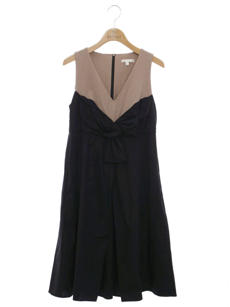 ポールカ 713EAC ワンピース 38 ブラック Vネック リボン タックフレア ITBYLRSXRNGM 【SALE】