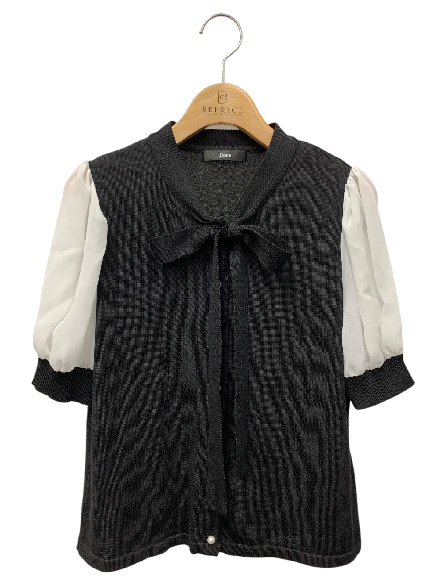 ルネ 5312216 カーディガン 36 ブラック バイカラー リボン パール 袖シアー IT4EZ34PCV1C